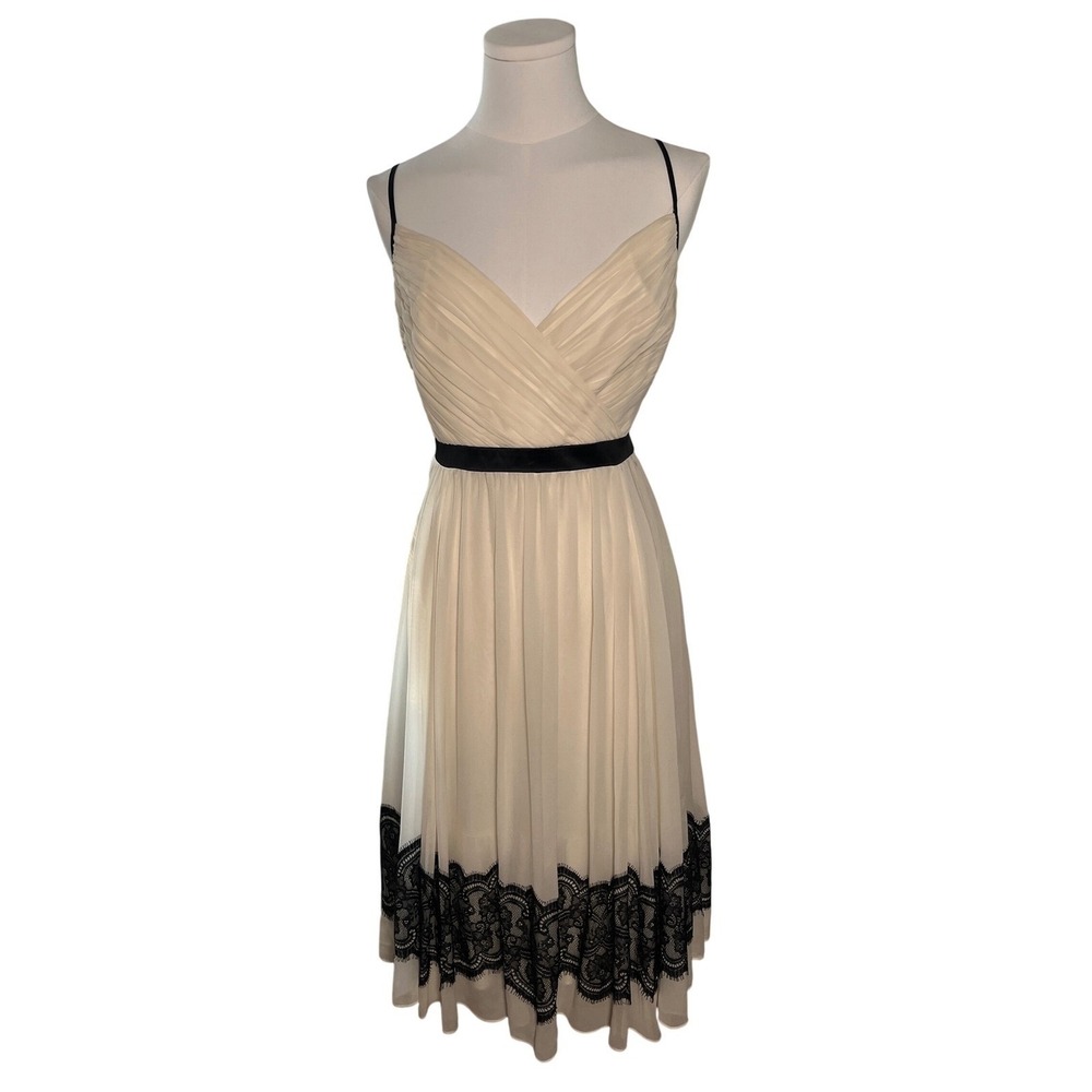Arden B Silk Midi Dress Ivory Black Lace Hem Slip Coquette Women 8 - Picture 3 of 10